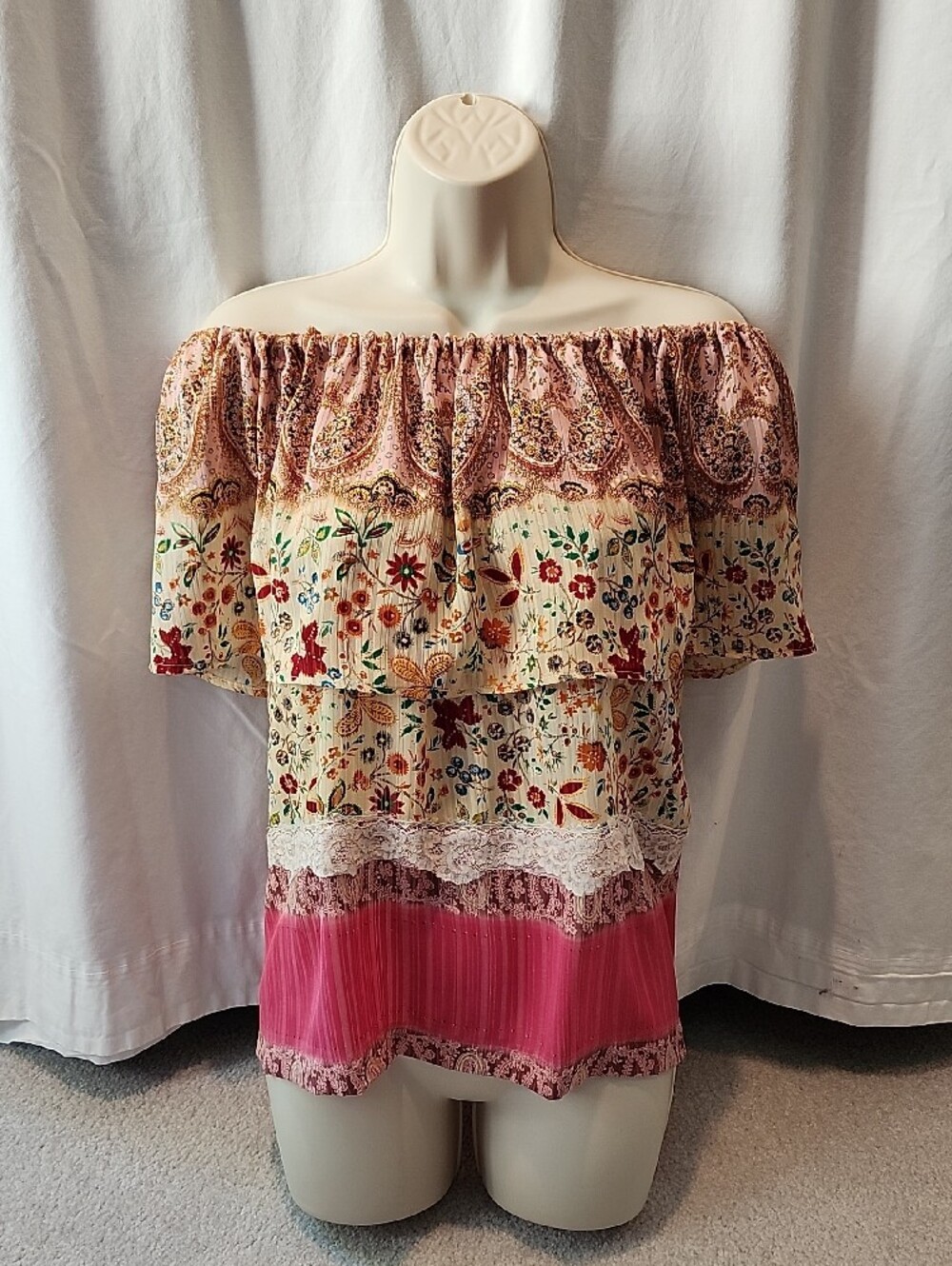 Floral Ruffle Peasant Blouse in Pink and Cream